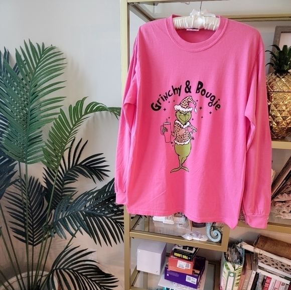 Grinchy &  Bougie Long Sleeve Grinch Christmas T-Shirt in Women's Size Medium - Picture 2 of 7